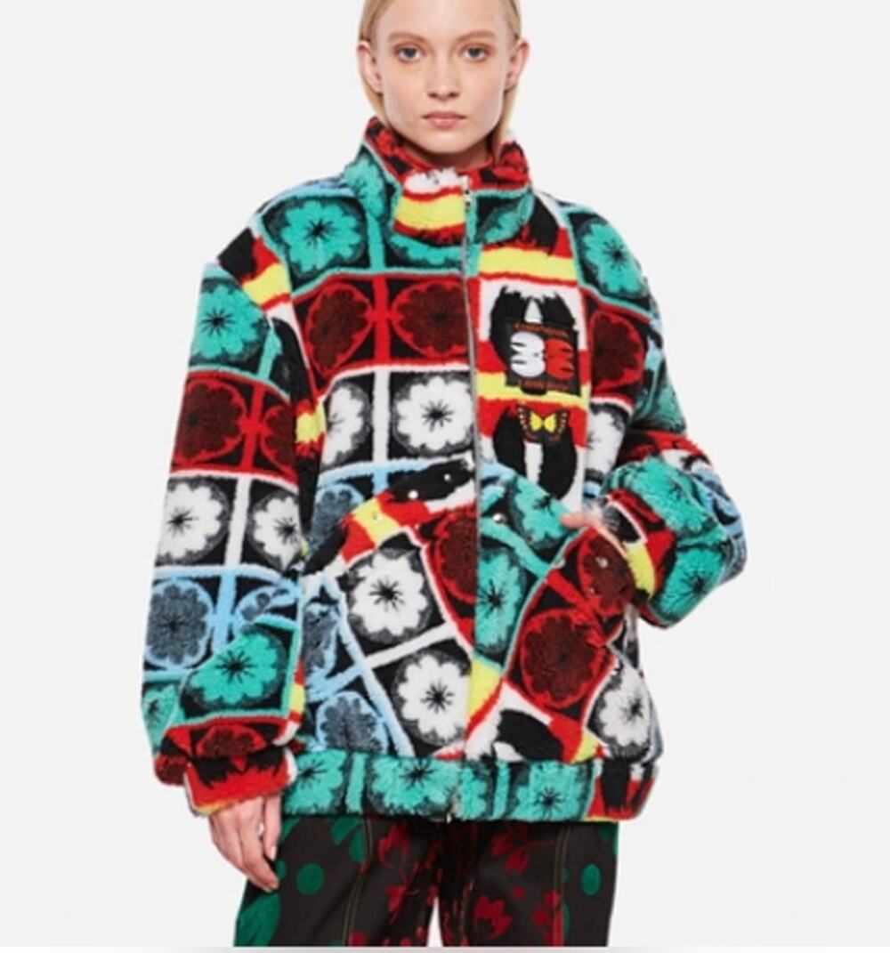 Chopova Lowena Multicolor Geo Floral Oversized Petzi Fleece Bomber Jacket Size M